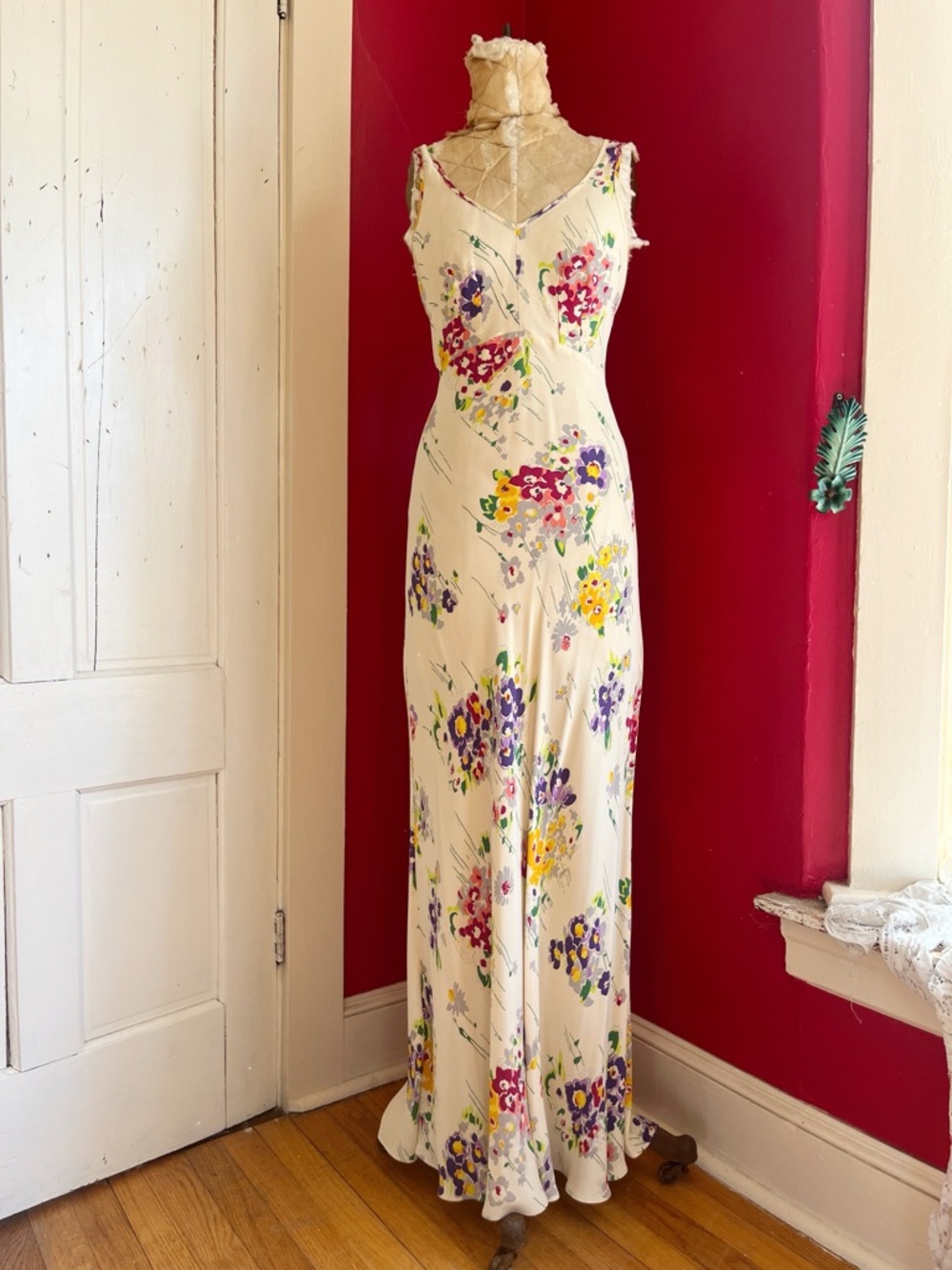 Vintage Betsey Johnson Cream & Whimsical Spring Floral Rayon Bias Cut Dress XS/S
